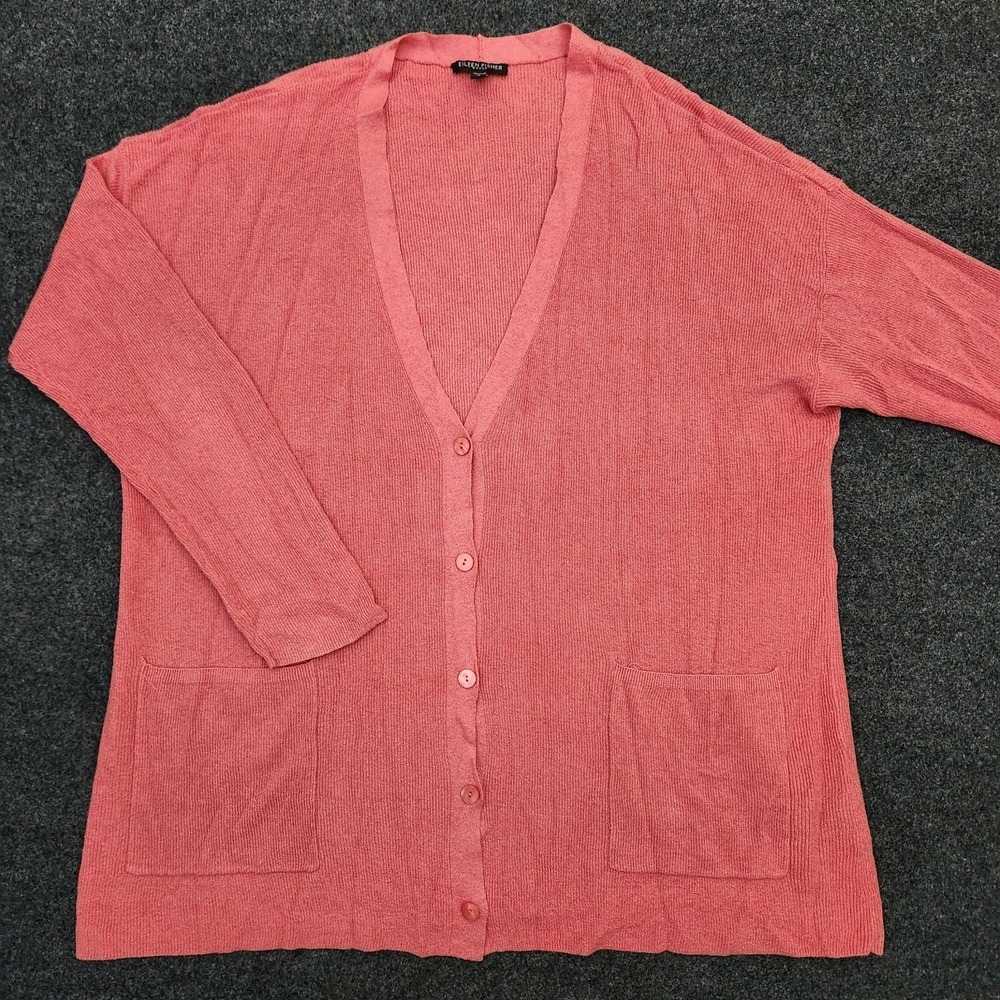 Eileen Fisher Womens 1X Pink Button Up Linen Blend Rib Knit Cardigan Sweater